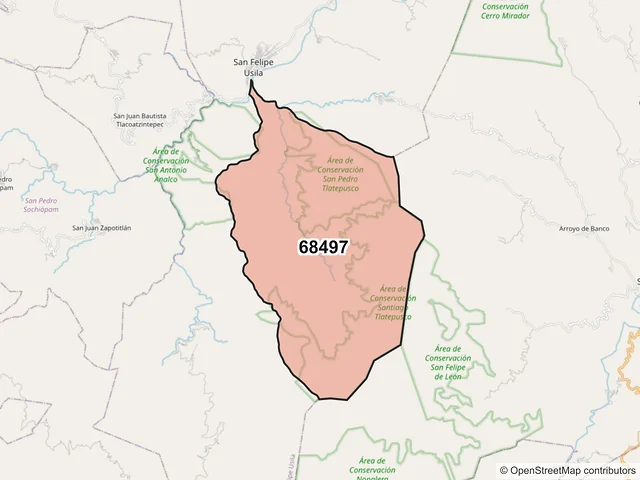 Mapa del código postal 68497, San Felipe Usila, Oaxaca