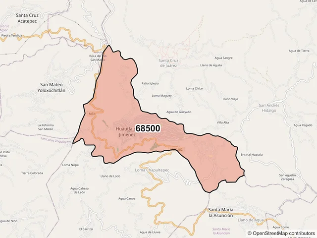 Mapa del código postal 68500, Huautla de Jiménez, Oaxaca