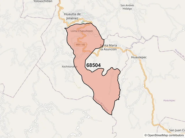 Mapa del código postal 68504, Huautla de Jiménez, Oaxaca