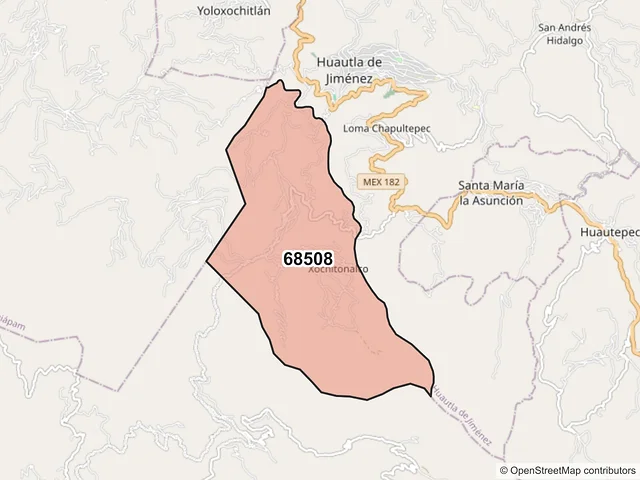 Mapa del código postal 68508, Huautla de Jiménez, Oaxaca