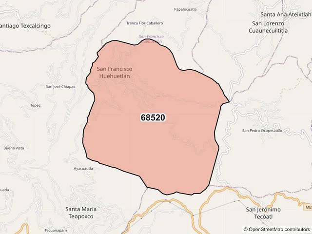 Mapa del código postal 68520, San Francisco Huehuetlán, Oaxaca