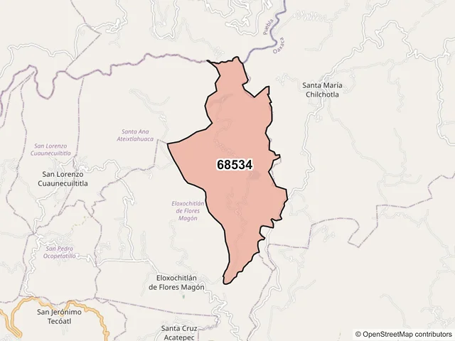Mapa del código postal 68534, Eloxochitlán de Flores Magón, Oaxaca