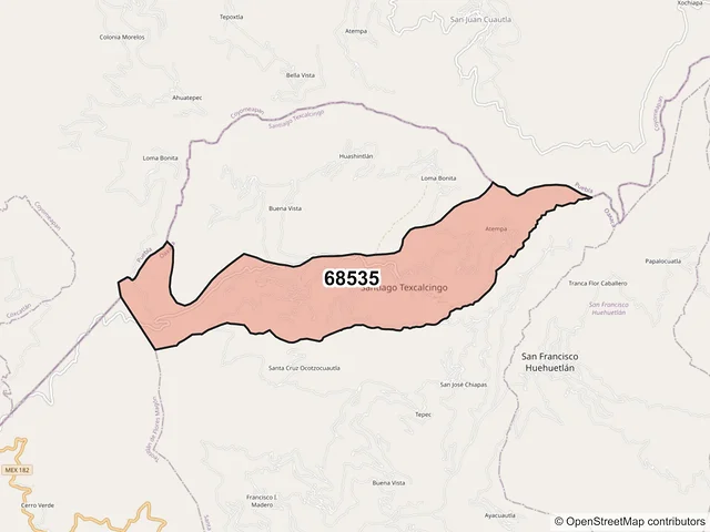 Mapa del código postal 68535, Santiago Texcalcingo, Oaxaca