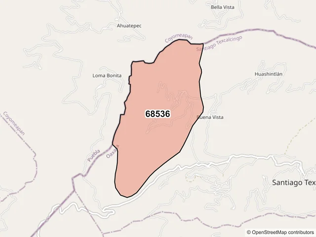 Mapa del código postal 68536, Santiago Texcalcingo, Oaxaca