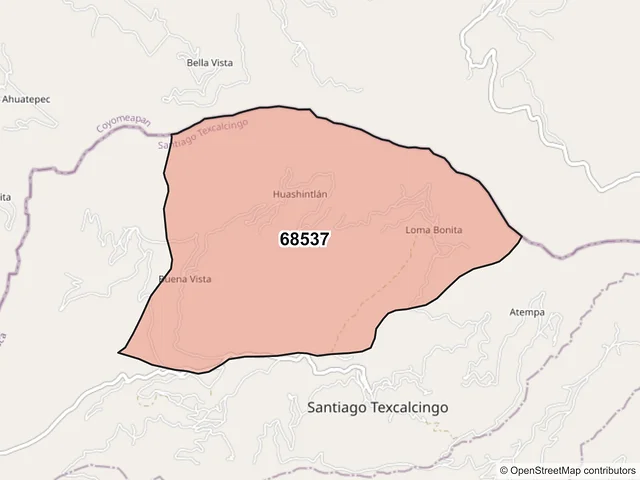 Mapa del código postal 68537, Santiago Texcalcingo, Oaxaca