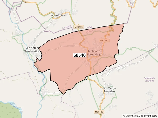 Mapa del código postal 68540, Teotitlán de Flores Magón, Oaxaca