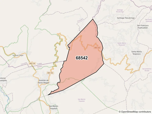 Mapa del código postal 68542, Teotitlán de Flores Magón, Oaxaca