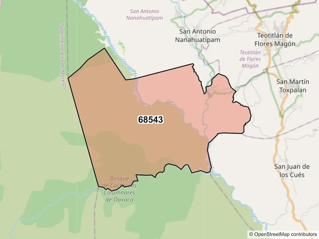 Mapa del código postal 68543, Teotitlán de Flores Magón, Oaxaca