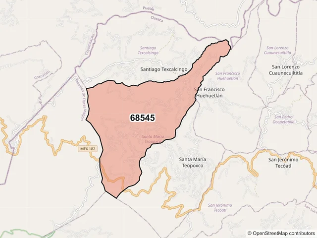 Mapa del código postal 68545, Santa María Teopoxco, Oaxaca