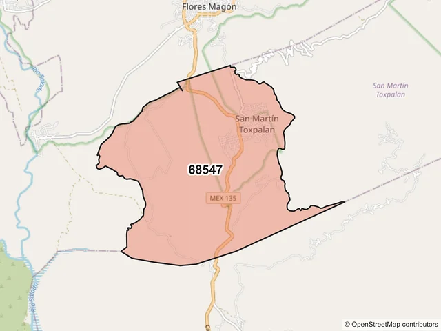 Mapa del código postal 68547, San Martín Toxpalan, Oaxaca
