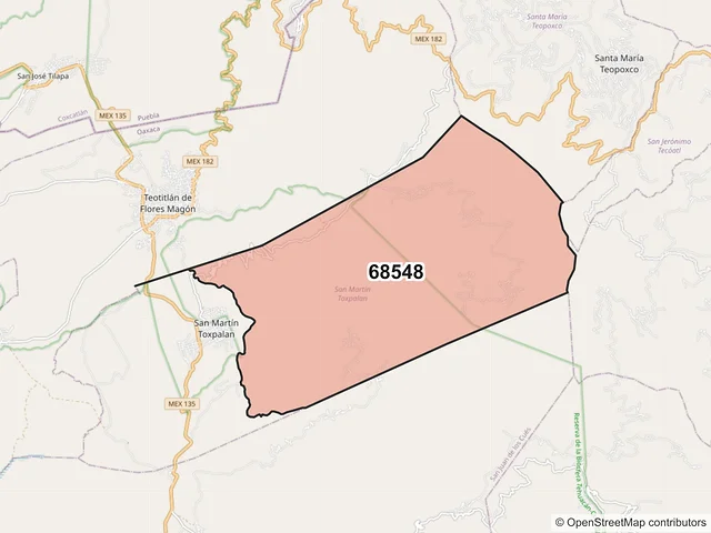 Mapa del código postal 68548, San Martín Toxpalan, Oaxaca