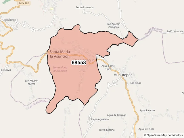 Mapa del código postal 68553, Santa María la Asunción, Oaxaca