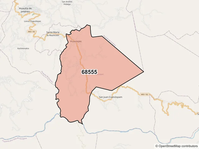 Mapa del código postal 68555, Huautepec, Oaxaca