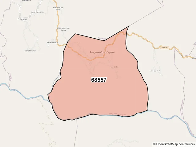 Mapa del código postal 68557, San Juan Coatzóspam, Oaxaca