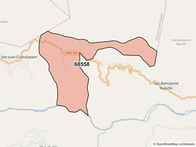 Mapa del código postal 68558, San Juan Coatzóspam, Oaxaca
