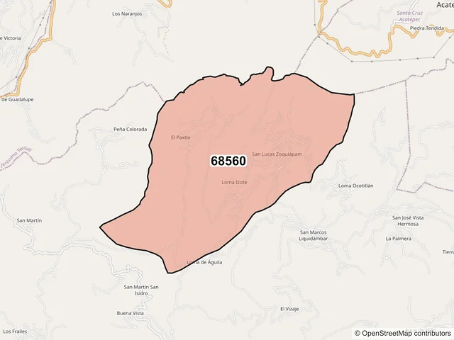 Mapa del código postal 68560, San Lucas Zoquiápam, Oaxaca