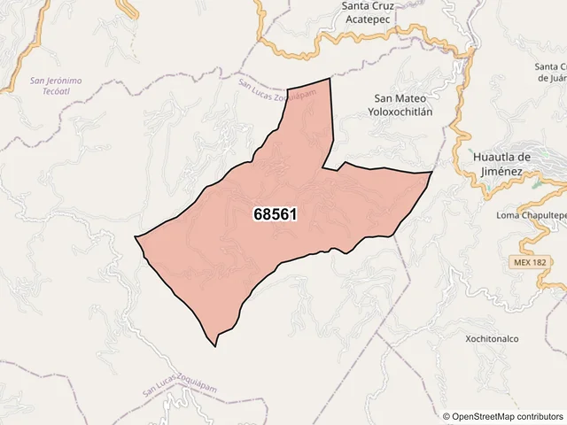 Mapa del código postal 68561, San Lucas Zoquiápam, Oaxaca