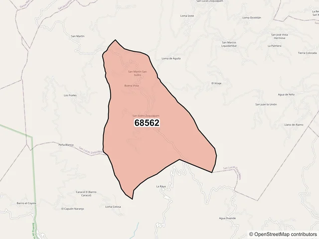 Mapa del código postal 68562, San Lucas Zoquiápam, Oaxaca