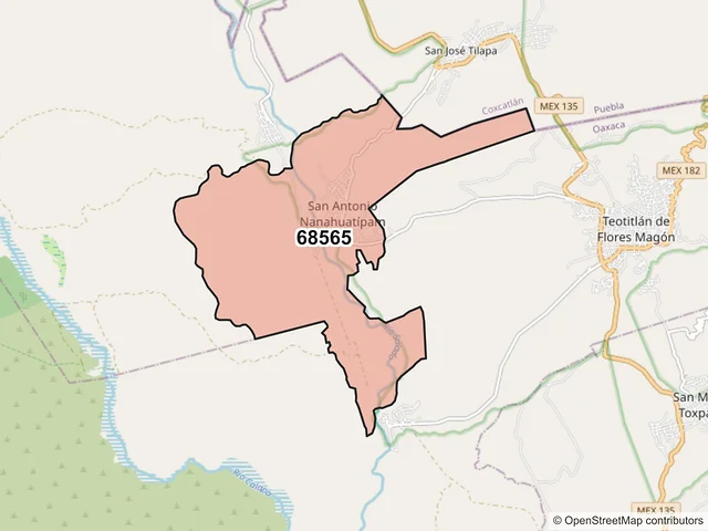 Mapa del código postal 68565, San Antonio Nanahuatípam, Oaxaca