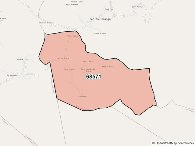 Mapa del código postal 68571, San José Tenango, Oaxaca