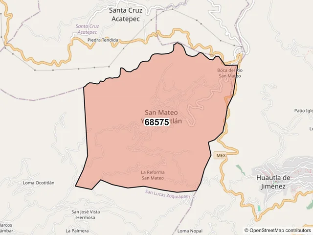 Mapa del código postal 68575, San Mateo Yoloxochitlán, Oaxaca