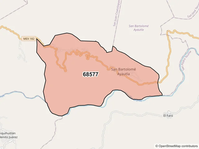 Mapa del código postal 68577, San Bartolomé Ayautla, Oaxaca