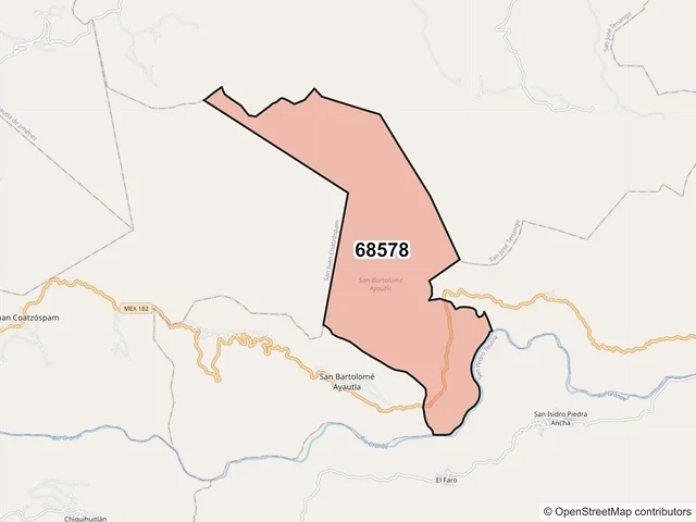 Mapa del código postal 68578, San Bartolomé Ayautla, Oaxaca