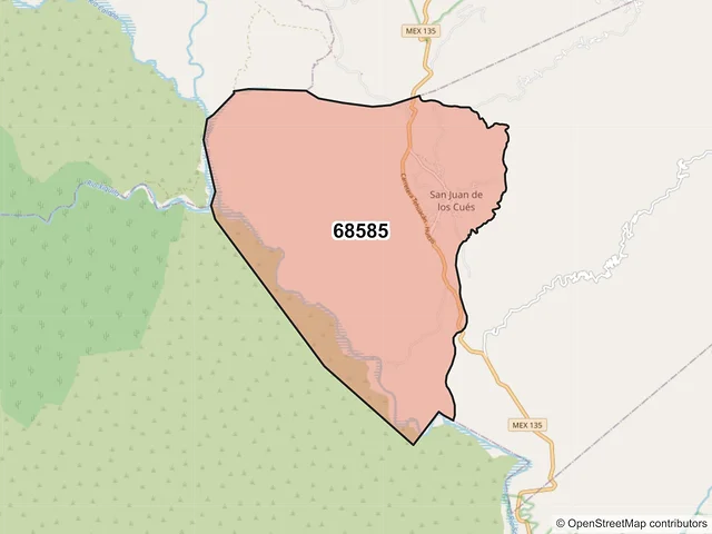 Mapa del código postal 68585, San Juan de los Cués, Oaxaca