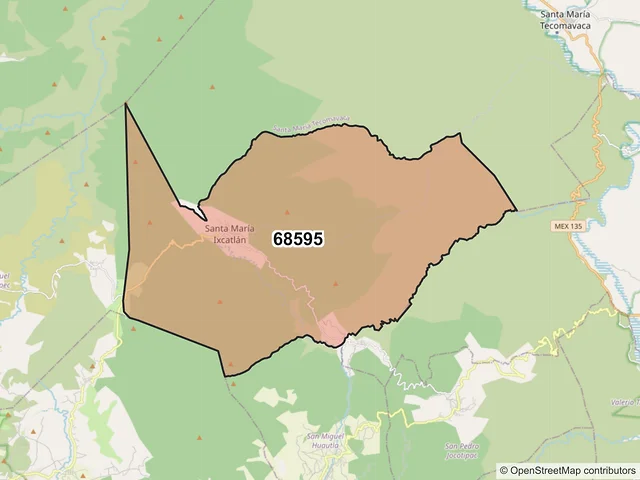 Mapa del código postal 68595, Santa María Ixcatlán, Oaxaca