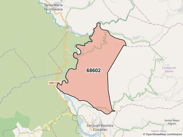 Mapa del código postal 68602, San Juan Bautista Cuicatlán, Oaxaca
