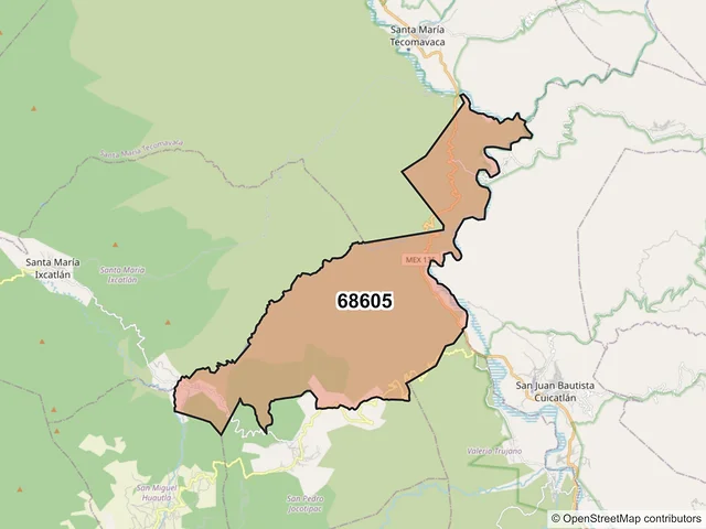Mapa del código postal 68605, San Juan Bautista Cuicatlán, Oaxaca