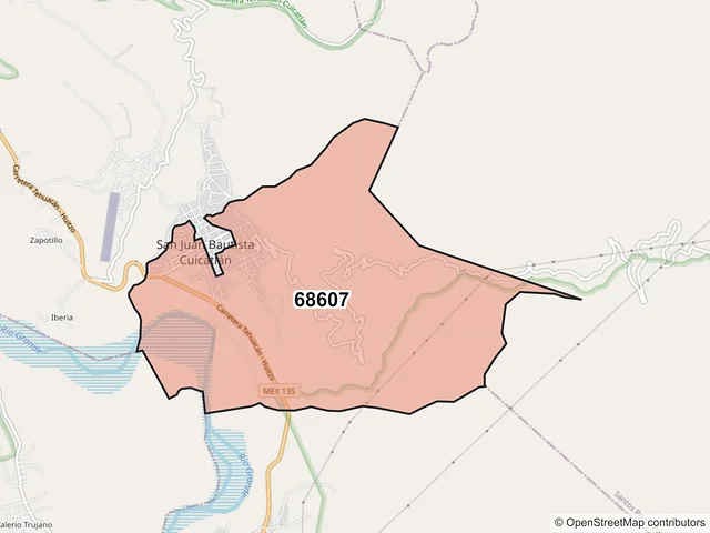 Mapa del código postal 68607, San Juan Bautista Cuicatlán, Oaxaca