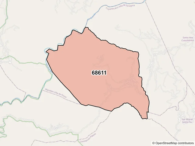 Mapa del código postal 68611, Cuyamecalco Villa de Zaragoza, Oaxaca