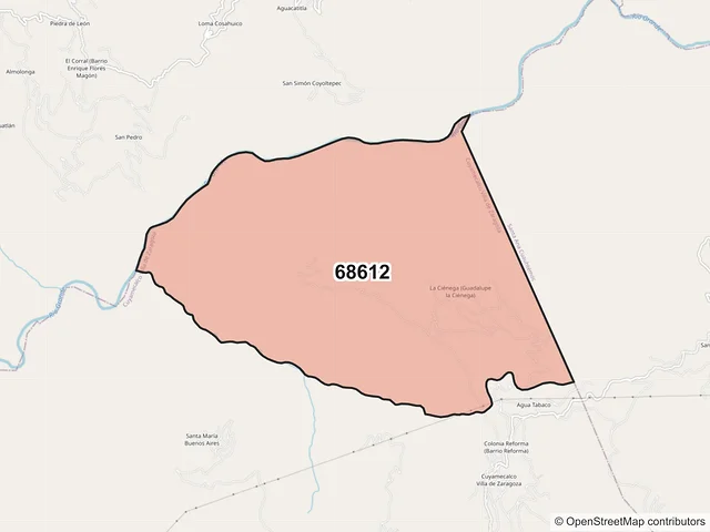 Mapa del código postal 68612, Cuyamecalco Villa de Zaragoza, Oaxaca