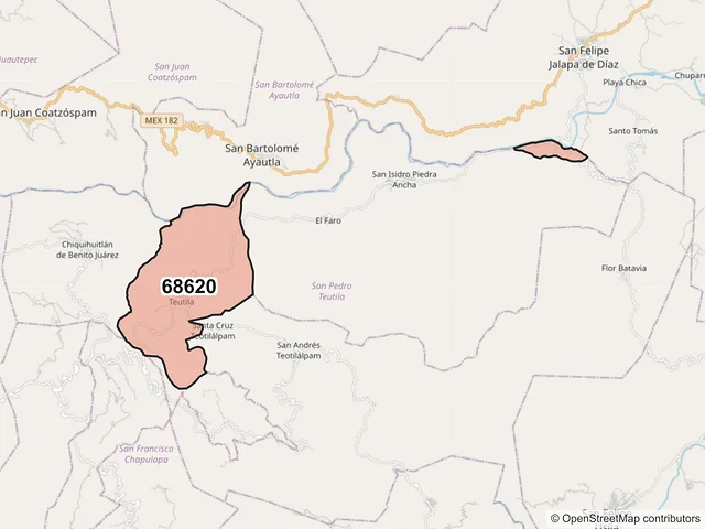 Mapa del código postal 68620, San Pedro Teutila, Oaxaca