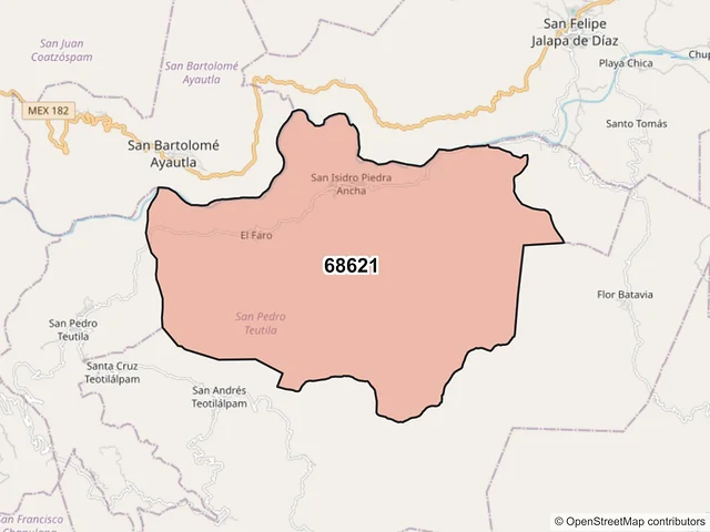 Mapa del código postal 68621, San Pedro Teutila, Oaxaca