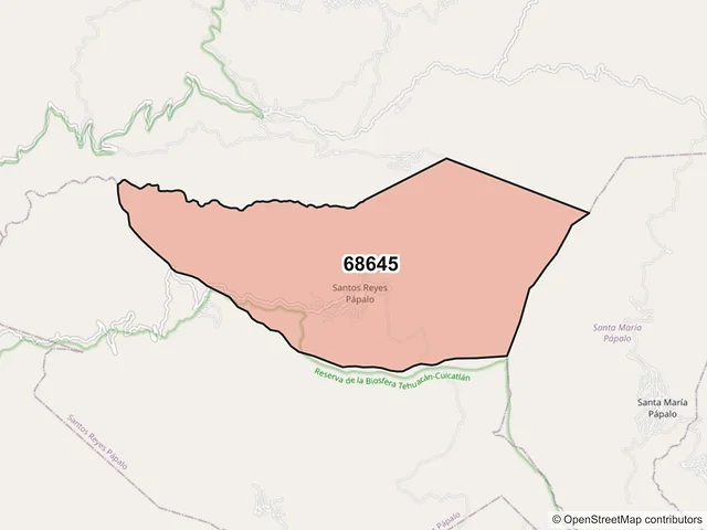 Mapa del código postal 68645, Santos Reyes Pápalo, Oaxaca