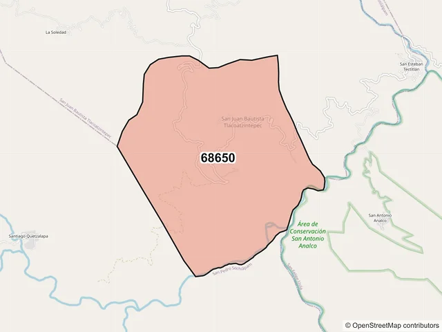 Mapa del código postal 68650, San Juan Bautista Tlacoatzintepec, Oaxaca