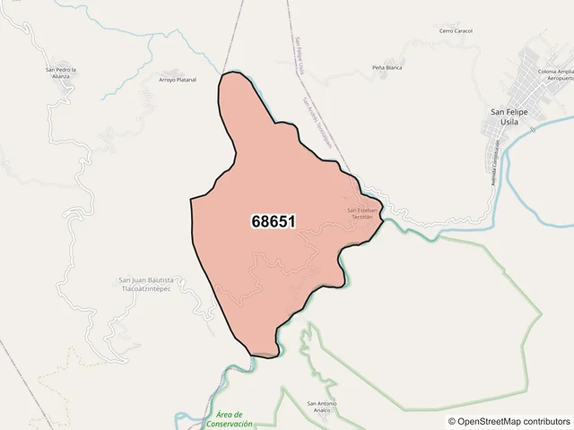 Mapa del código postal 68651, San Juan Bautista Tlacoatzintepec, Oaxaca