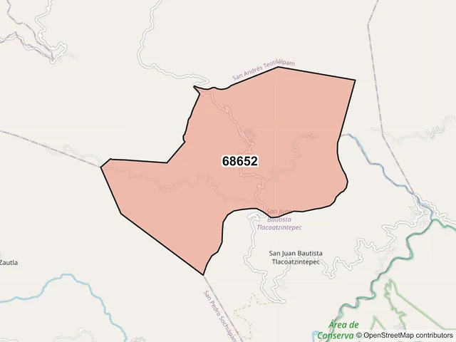 Mapa del código postal 68652, San Juan Bautista Tlacoatzintepec, Oaxaca