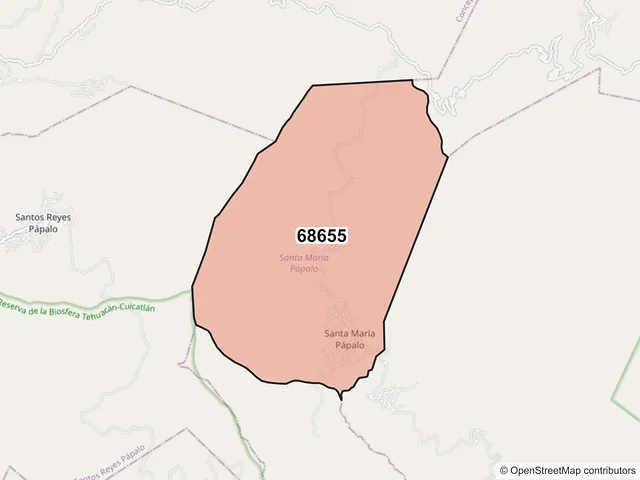 Mapa del código postal 68655, Santa María Pápalo, Oaxaca