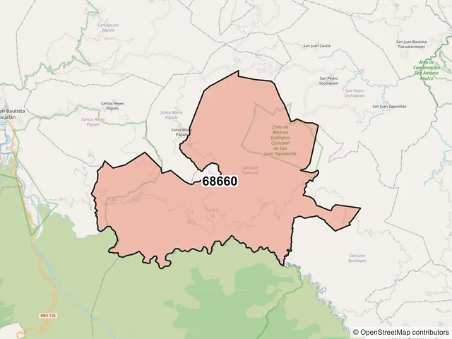 Mapa del código postal 68660, San Juan Tepeuxila, Oaxaca