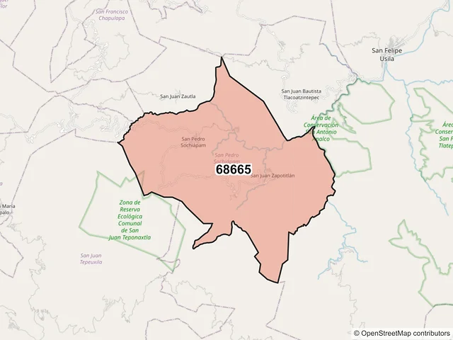 Mapa del código postal 68665, San Pedro Sochiápam, Oaxaca