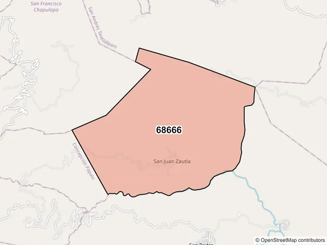 Mapa del código postal 68666, San Pedro Sochiápam, Oaxaca