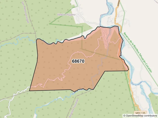 Mapa del código postal 68670, Valerio Trujano, Oaxaca