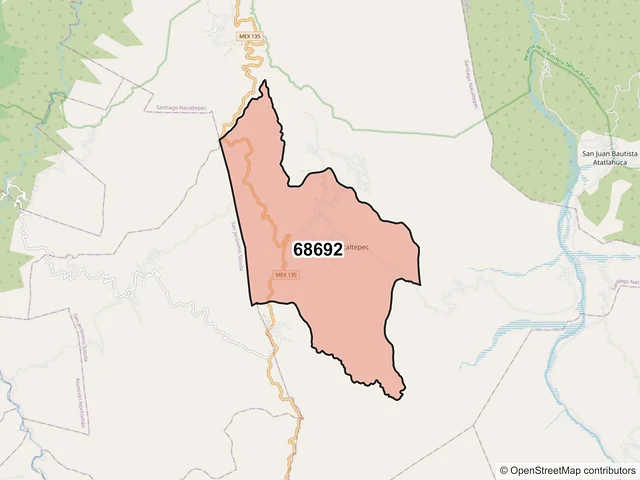 Mapa del código postal 68692, Santiago Nacaltepec, Oaxaca