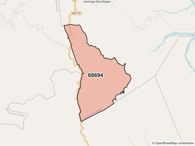 Mapa del código postal 68694, Santiago Nacaltepec, Oaxaca