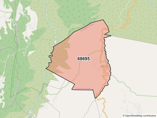 Mapa del código postal 68695, Santiago Nacaltepec, Oaxaca