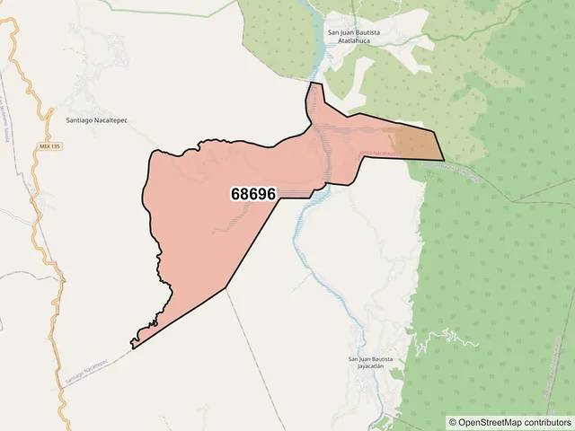 Mapa del código postal 68696, Santiago Nacaltepec, Oaxaca