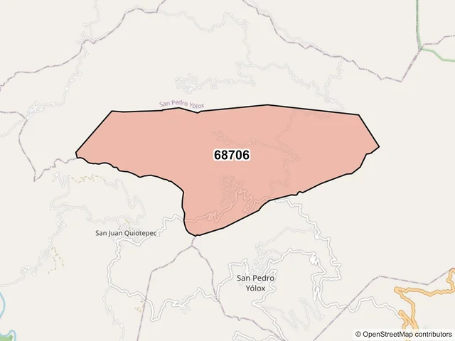 Mapa del código postal 68706, San Juan Quiotepec, Oaxaca